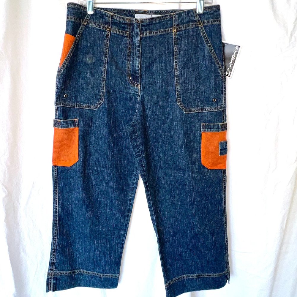 Carolina Blues Jeans, Cropped Cargo Stretch with Orange Trim, Size 12, New